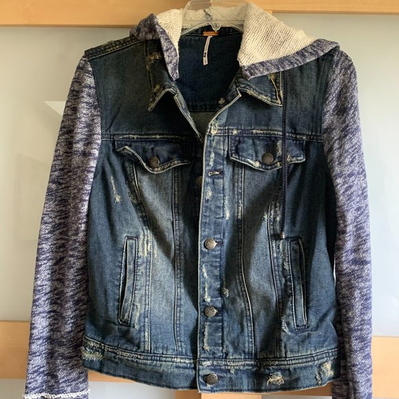 Free People Pumice Mixed Media Knit Sleeve Distressed Jean Jacket - Picture 2 of 5